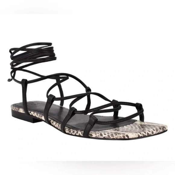Marc Fisher Black Lace-Up Gladiator Sandal with Snake-Print Footbed - Picture 1 of 6